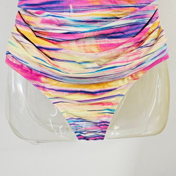 Lauren Ralph Lauren Pastel Striped One Piece Halter Ruched Swimsuit EUC 16W - Picture 3 of 11